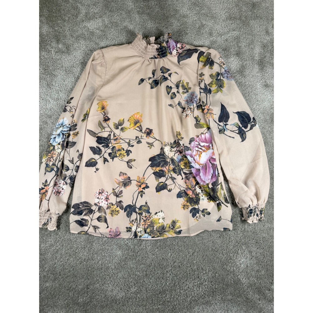 Elie Elie Tahari Floral Smocked Mock Neck Blouse Tan Beige Size S Long Sleeve